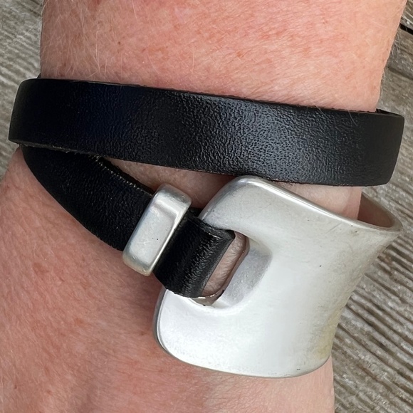 New Leather + Silver Metal Modern Wrap Bracelet Black Satin Distressed Finish - Picture 6 of 10